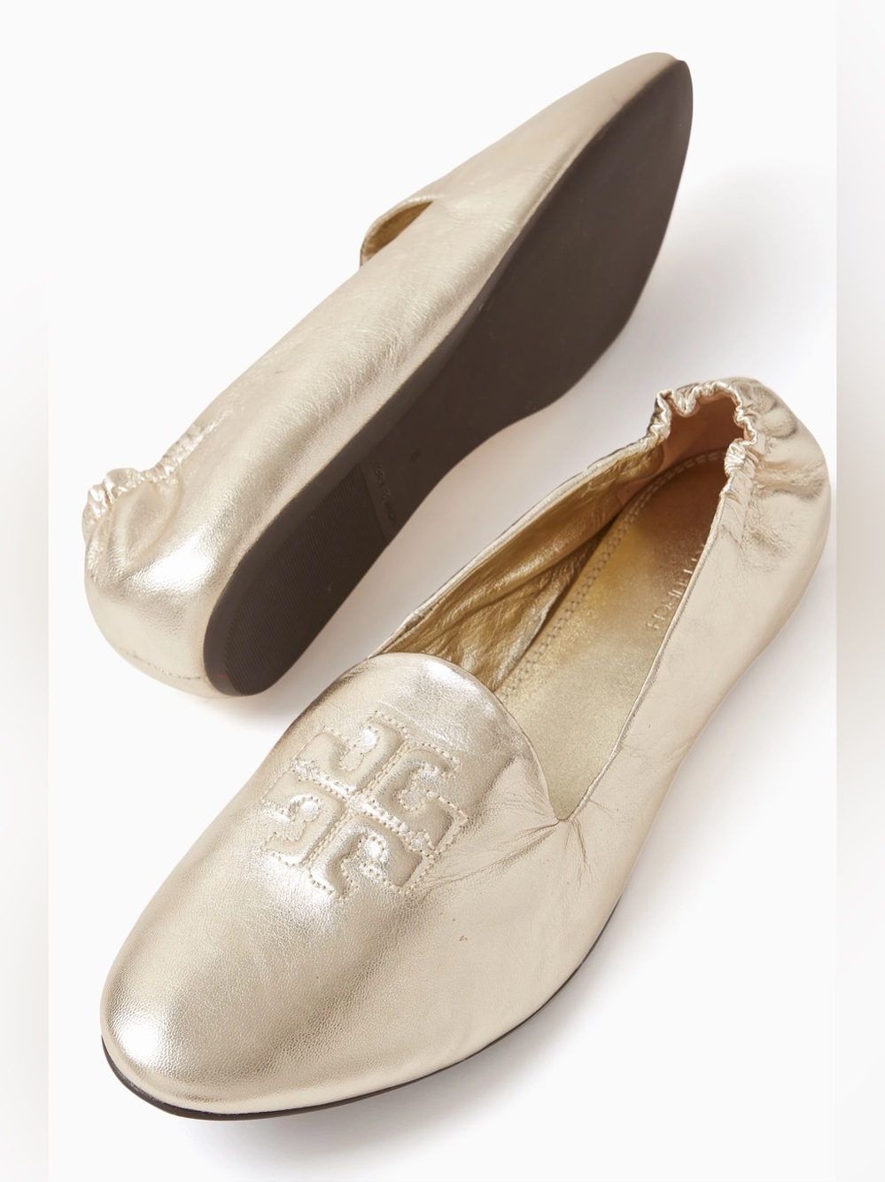 TORY BURCH gold smoking loafers metallic leather loafer shoes work career logo 7